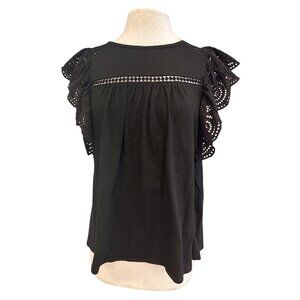 Black Doe & Rae Womens Eyelet Ruffle Sleeve Top M 100% Cotton